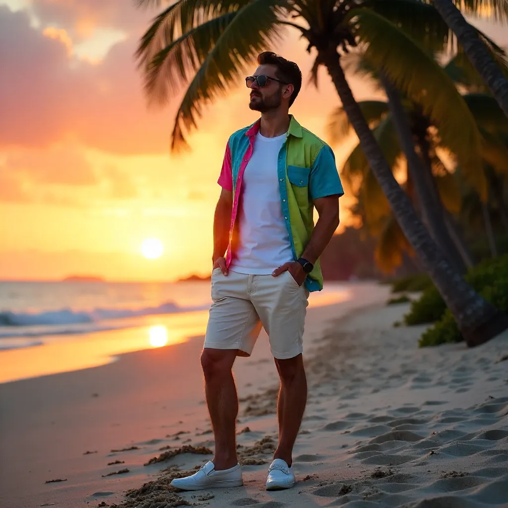 Sunset Palm Style: Man in a Vibrant Shirt