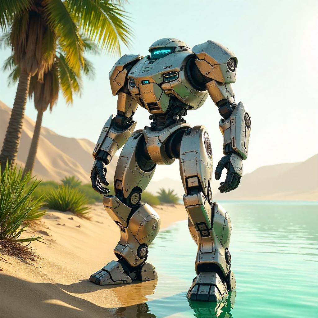 Photoreal Mech Suit in a Desert Oasis