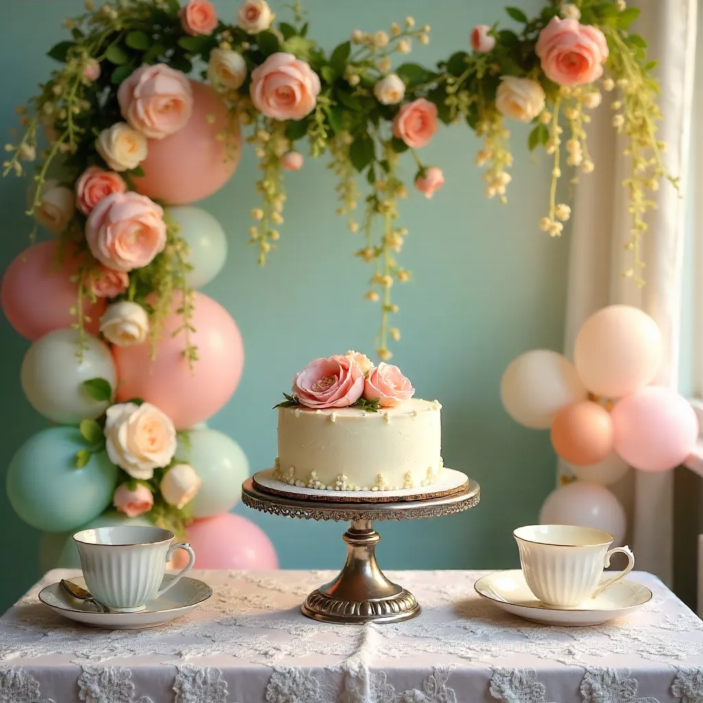 Pastel Vintage Party Setup with Cake, Balloons and Florals