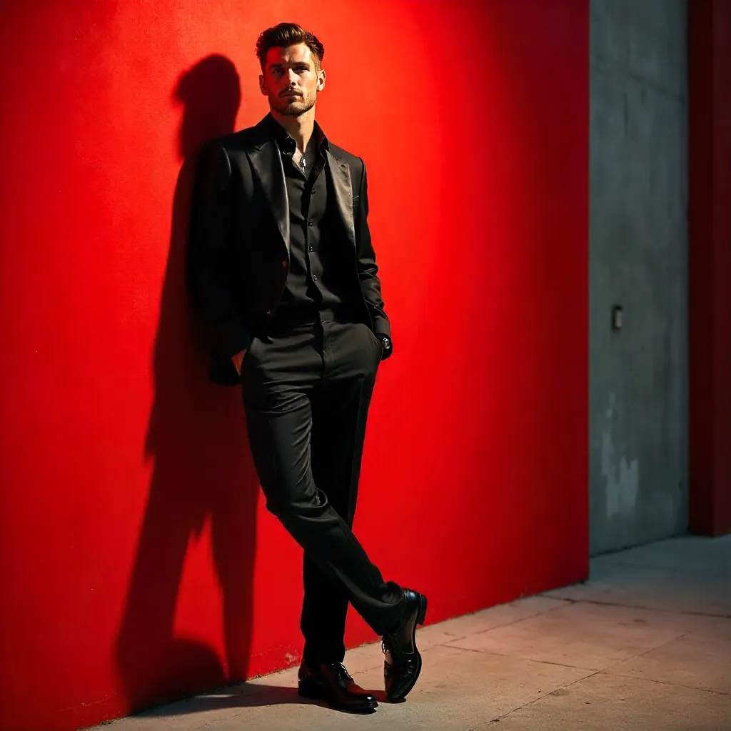 Stylish Man in Black Leaning Against Red Wall