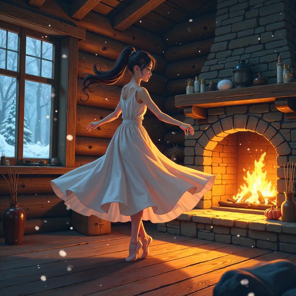 Anime Dancer in a Cozy Log Cabin