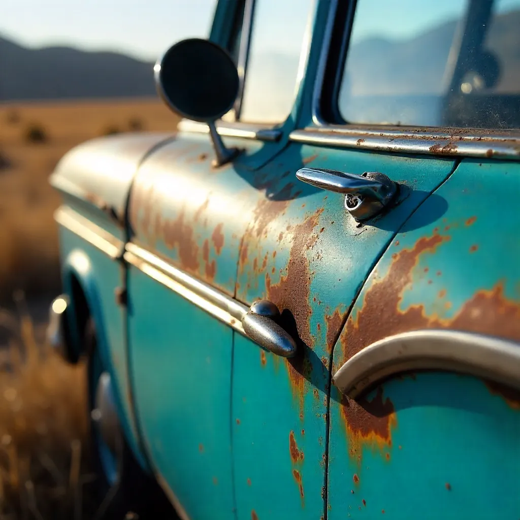 Patina Close-Up: Weathered Blue Car Door in Ñuble, Chile
