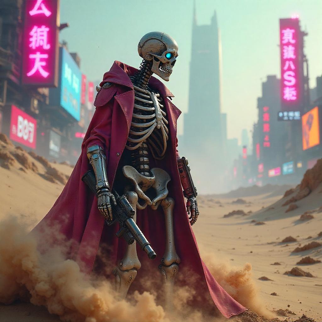 Neon Skeleton Sentinel in the Sandstorm