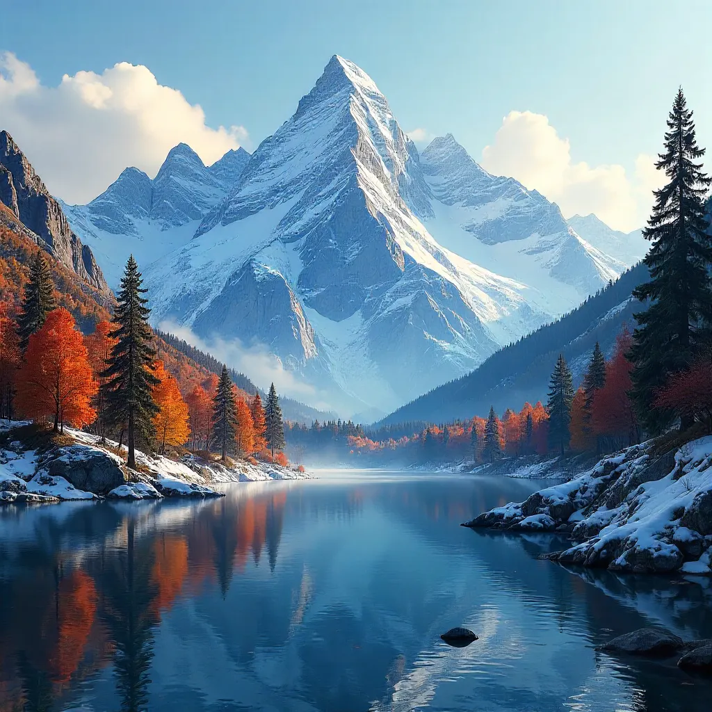 Autumn Peaks: Snowy Mountains and Golden Trees