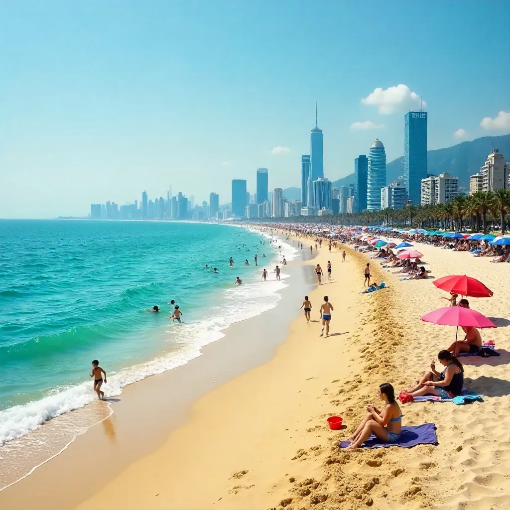 Lively Beachfront with Umbrellas and City Skyline