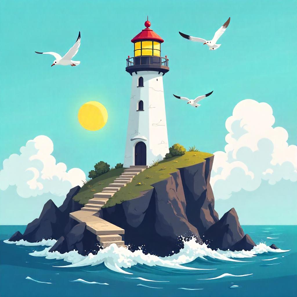 Cartoon Lighthouse on a Jagged Rocky Outcrop