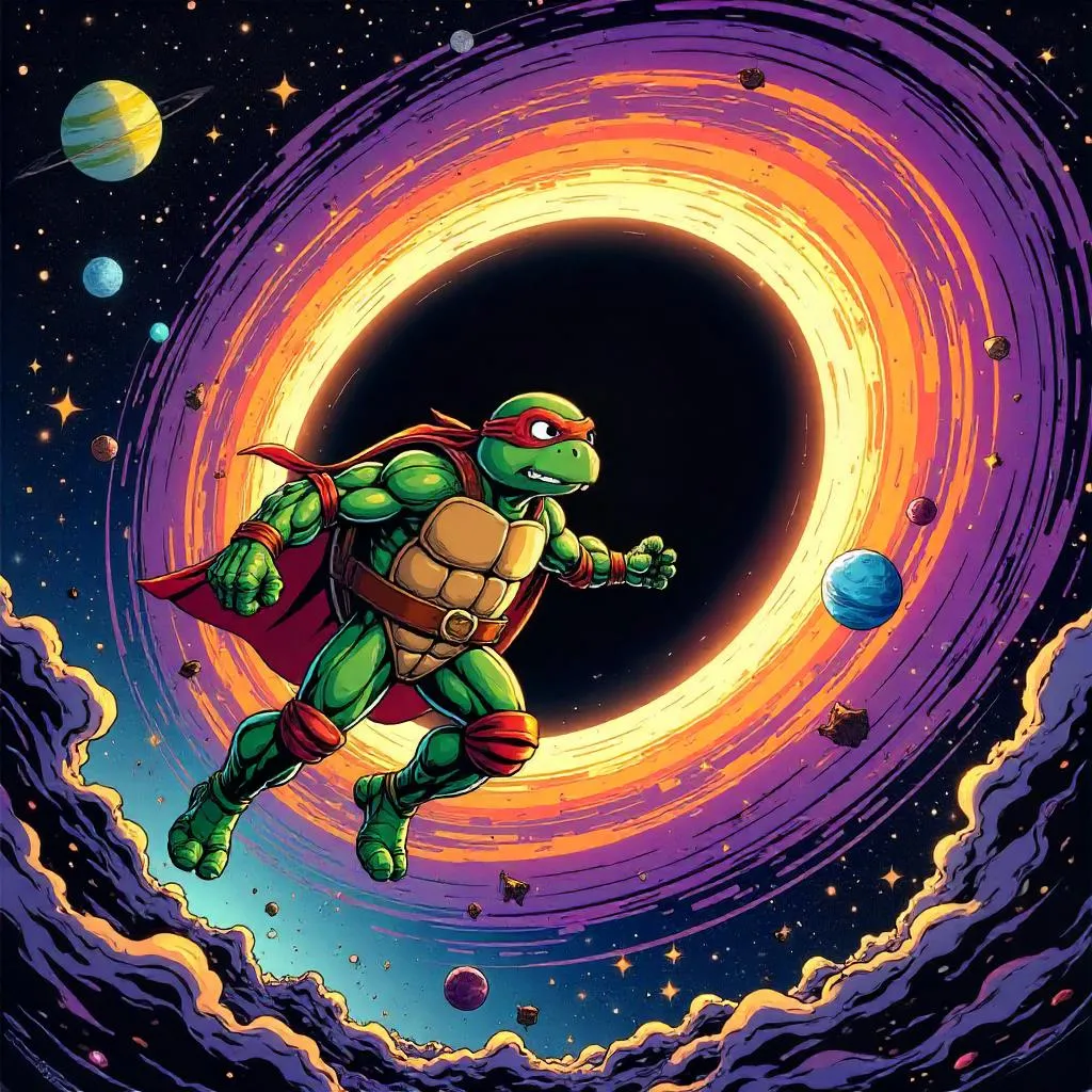 Turtle Hero in a Black Hole: Comic Panel Odyssey