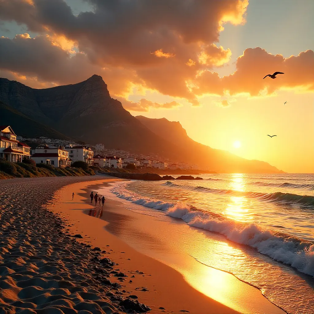 Cape Town Sunset Over Beach, Table Mountain and Hillside Homes