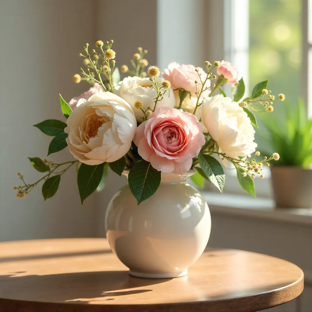 Serene Floral Arrangement in Sunlit Ceramic Vase