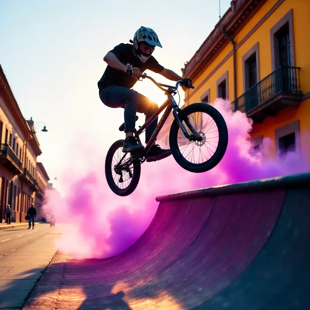 Purple Smoke BMX Trick in Puebla's Historic Streets