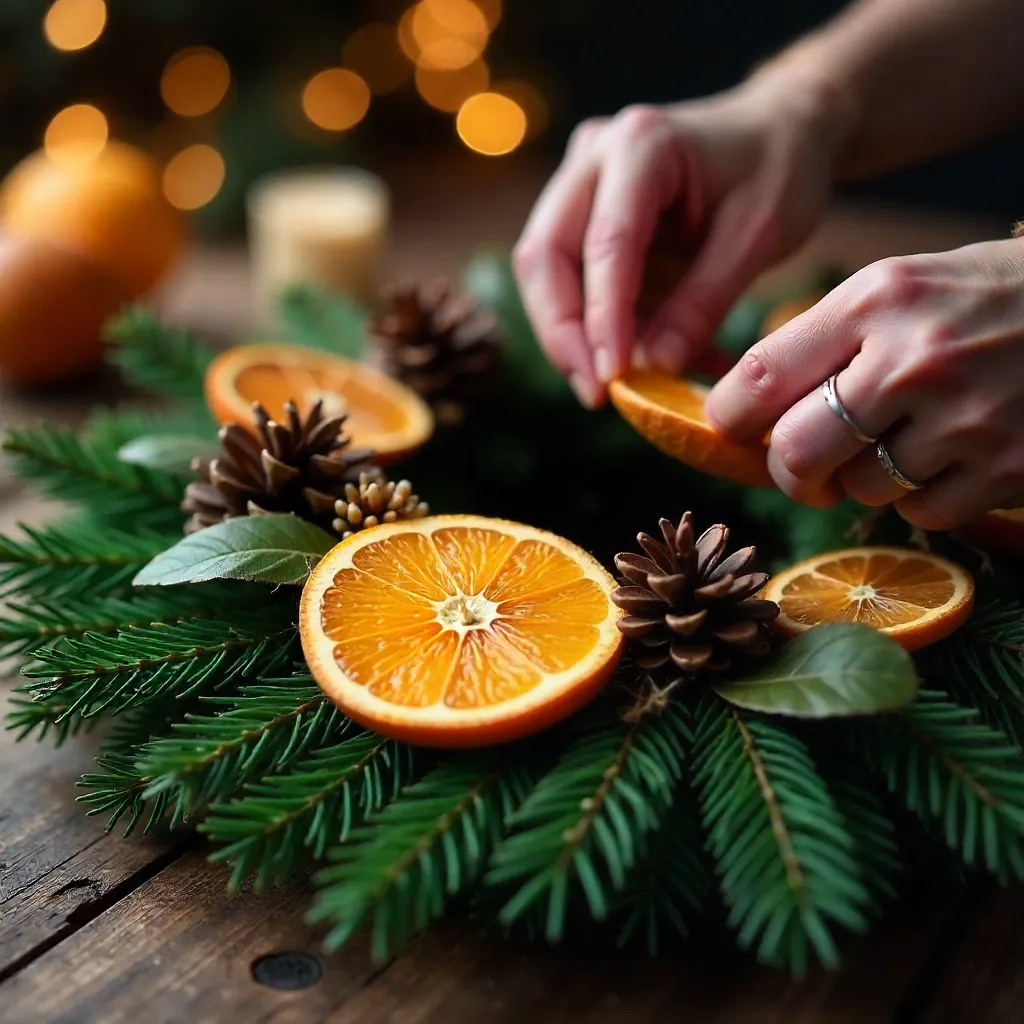 Hands Decorating a Christmas Wreath with Dried Oranges and Pinecones