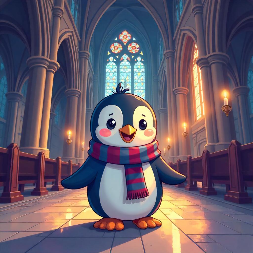 Whimsical Penguin in a Gothic Cathedral
