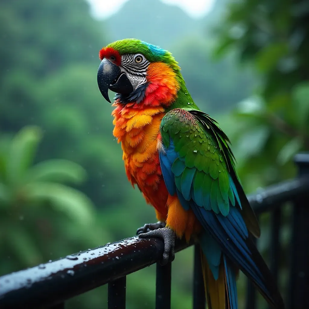 Vivid Parrot on a Rain-Slick Rail in Tropical Light