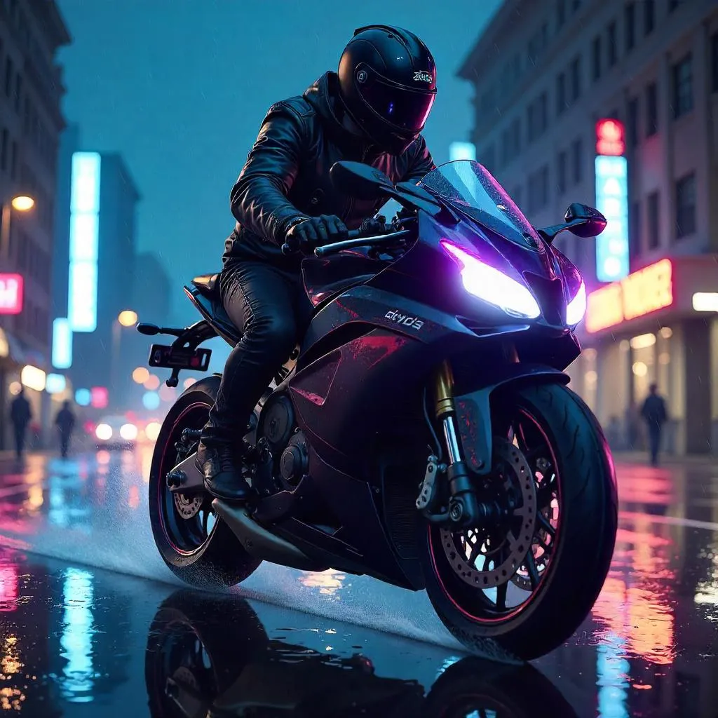 Neon Night Ride: A Young Rider on a Motorcycle
