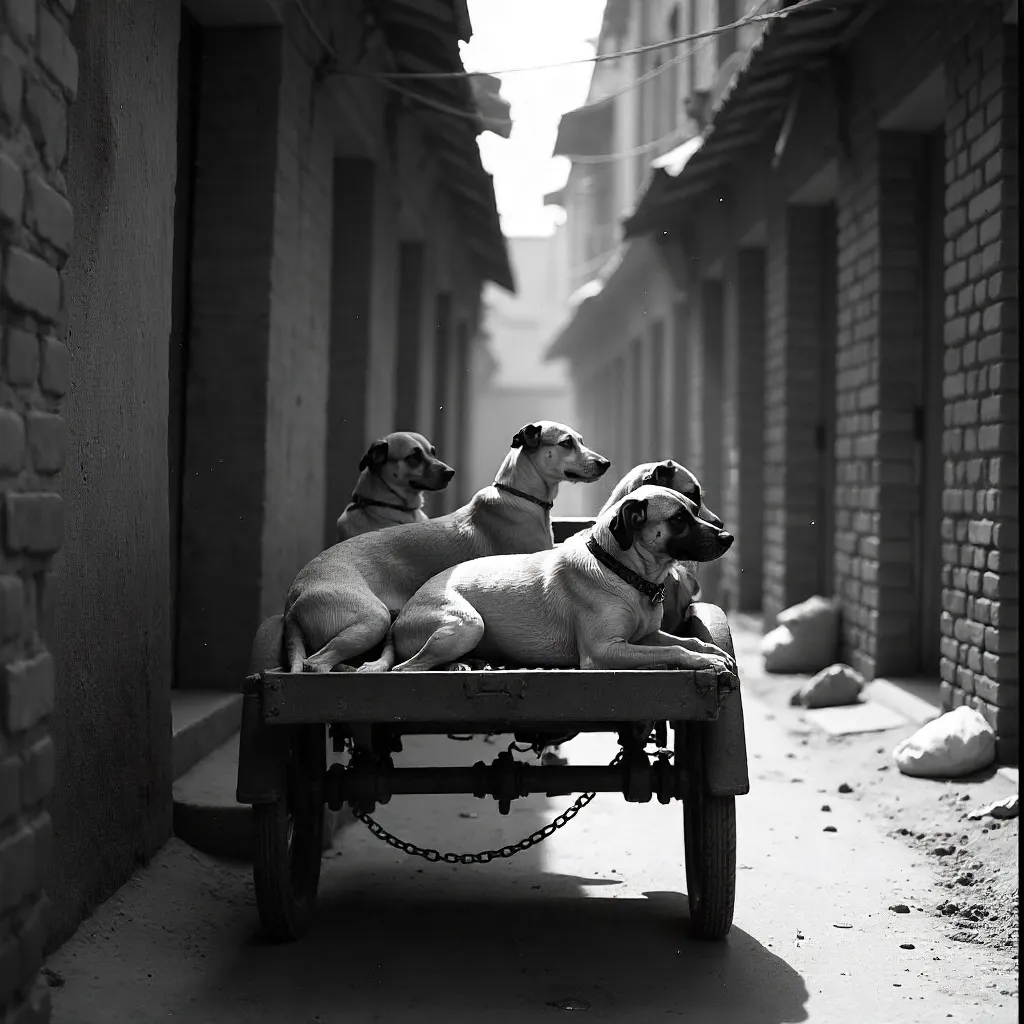 Monochrome Alley: Dogs on a Cycle Cart in India