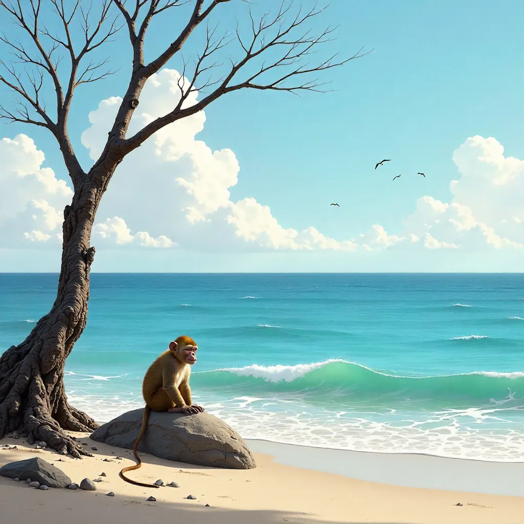 Tranquil Monkey by the Ocean Beneath a Bare Tree