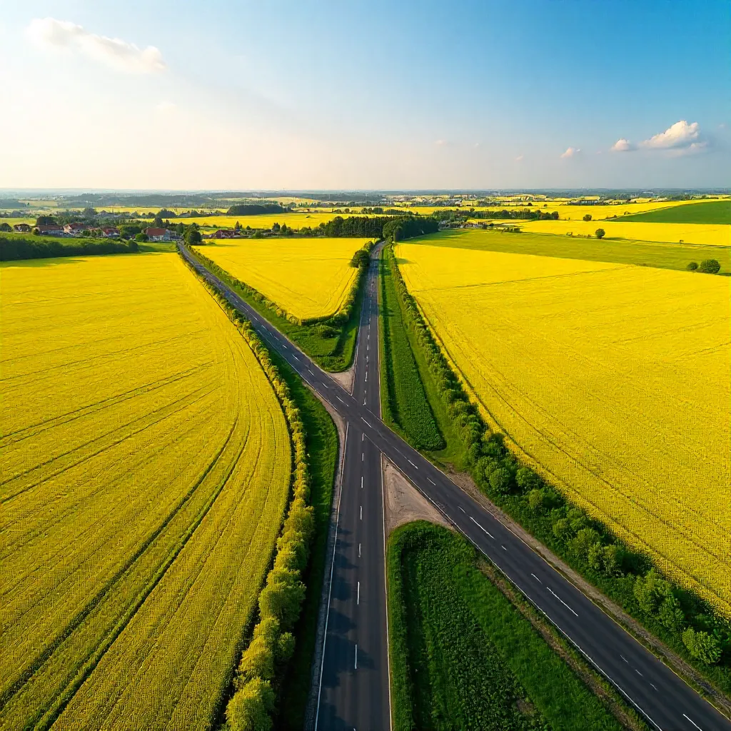 Drone Over Intersecting Roads in Romanian Yellow Fields