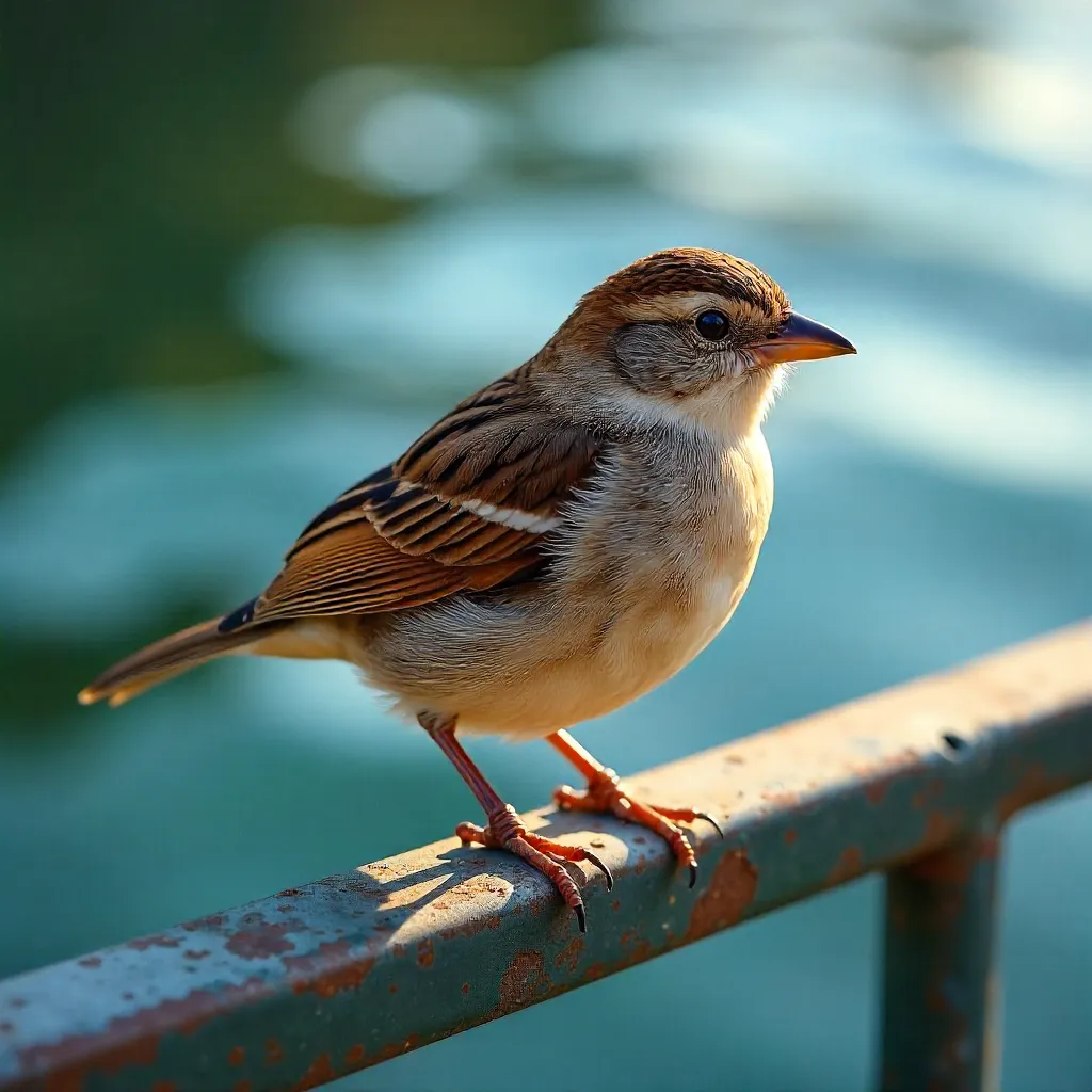 Brown Sparrow on Metal Railing by the Water