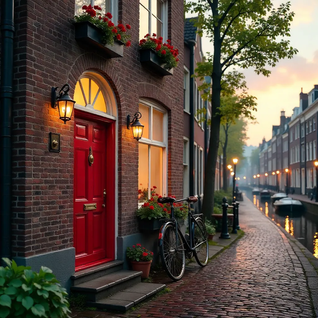 Red Door on an Amsterdam Brick Facade by the Canal