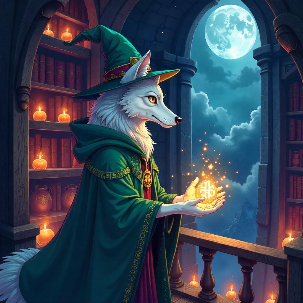 Anime Wolf Mage in a Wizard Tower