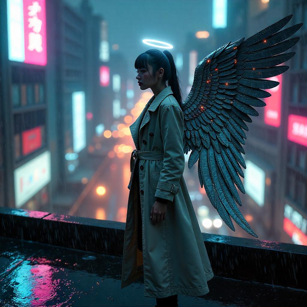 Neon Halo: A Cyberpunk Angel in Focus