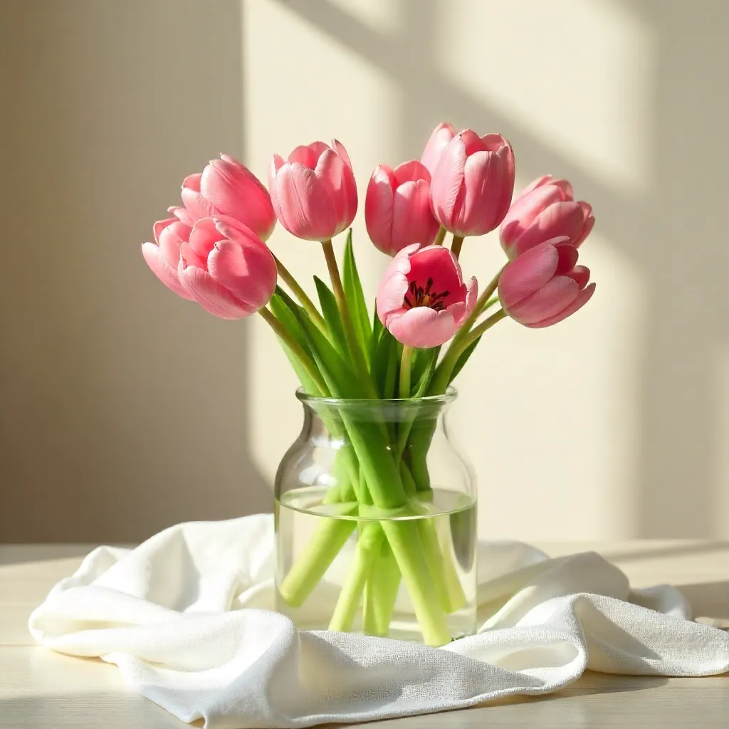 Pink Tulips in Glass Vase on White Linen