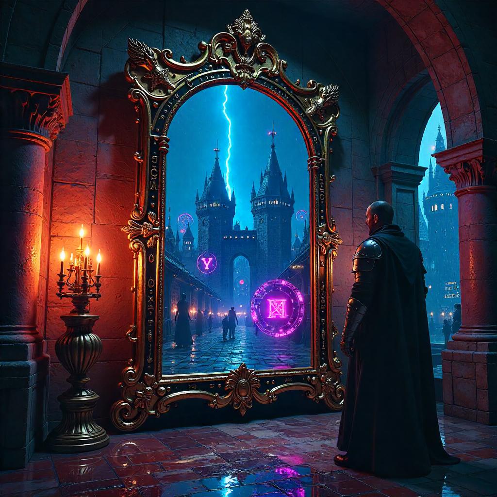 Mirror of Neon Runes in a Medieval Cyber-Tower
