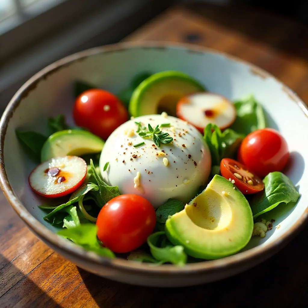 Fresh Burrata Salad in a Ceramic Bowl