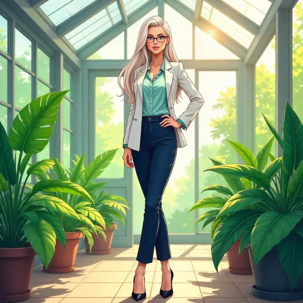 Confident White Woman in an Anime Conservatory