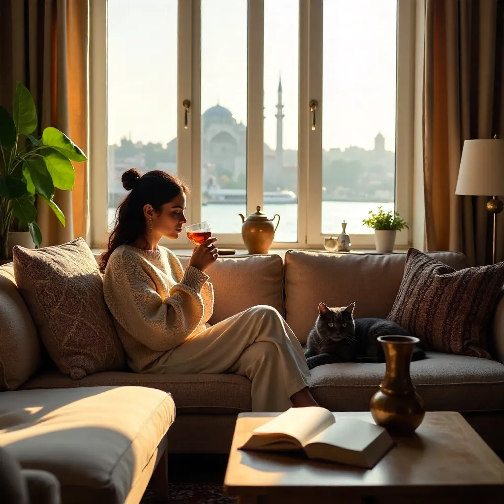 Cozy Istanbul Morning with Cat and Tea