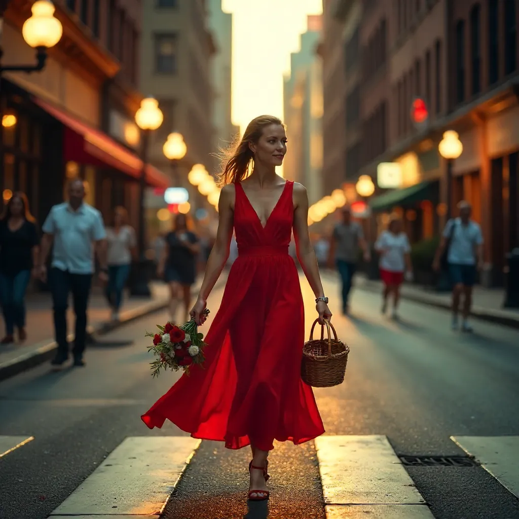Red-Dress Woman Crossing a Busy City Street at Dusk