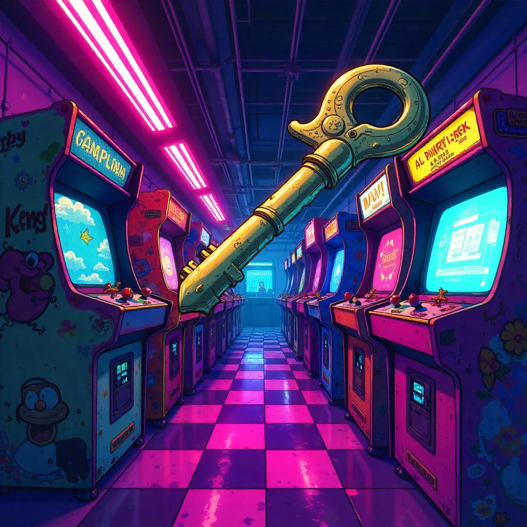 Dimensional Key in Neon Arcade — Cartoon Adventure