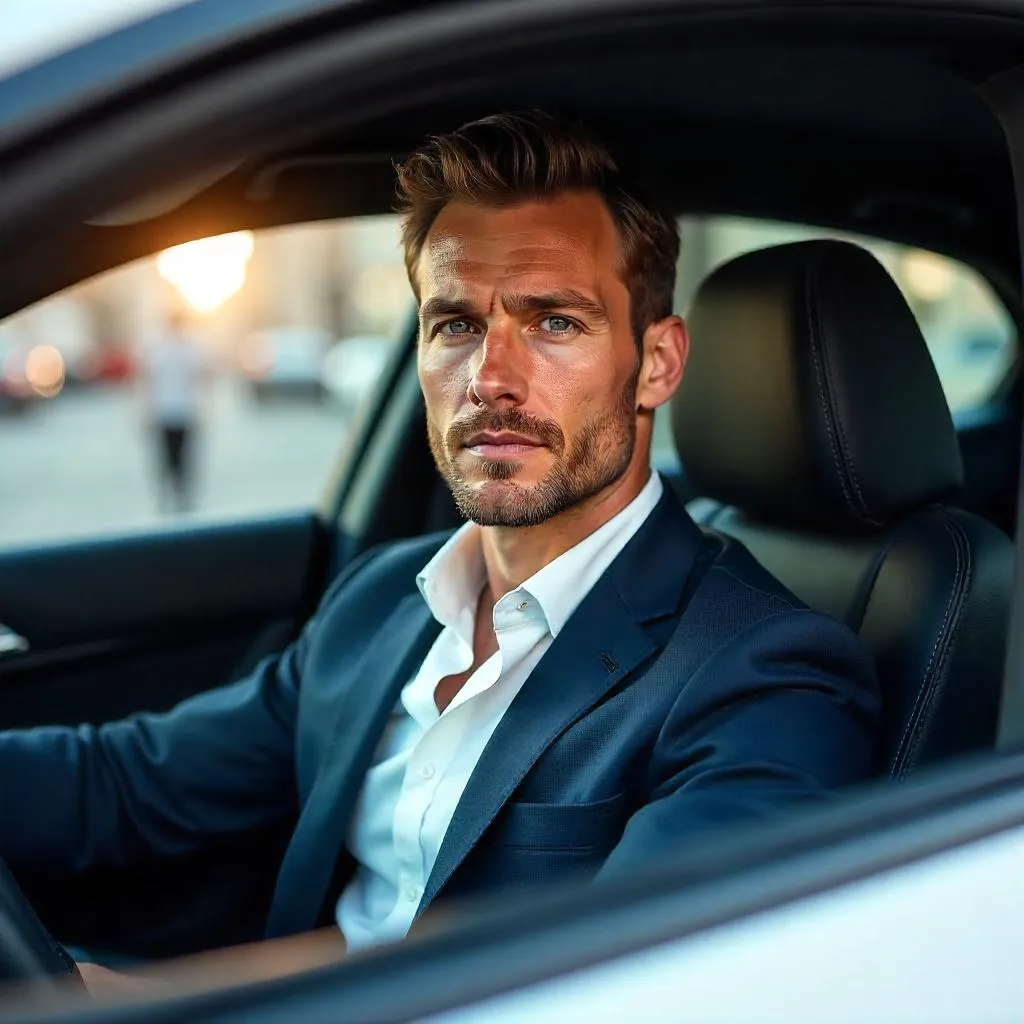 Handsome White man in a photorealistic car portrait