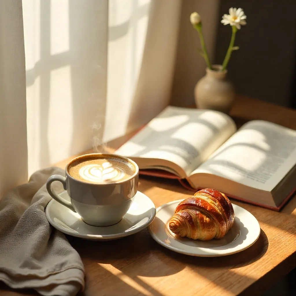 Peaceful Breakfast: Latte, Croissant and a Book
