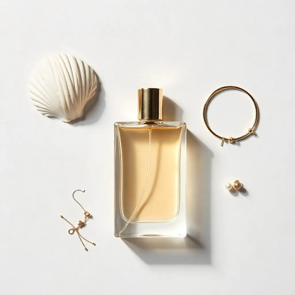 Minimalist Flat Lay: Perfume, Shell & Accessories