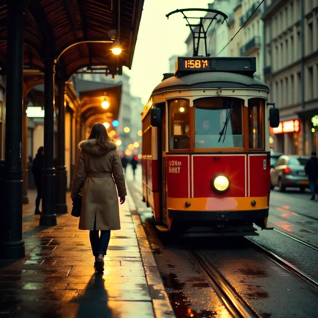 Beige Coat Approaches Vintage Red Tram