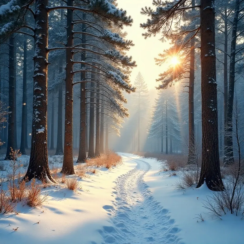 Tranquil Snow-Covered Forest Path Between Tall Trees