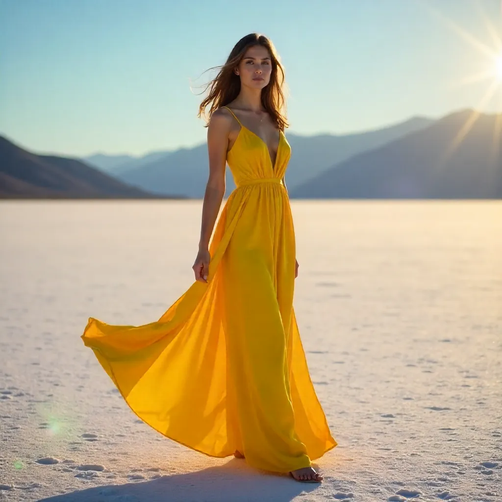 Elegant Portrait on the Salt Flats in a Yellow Dress