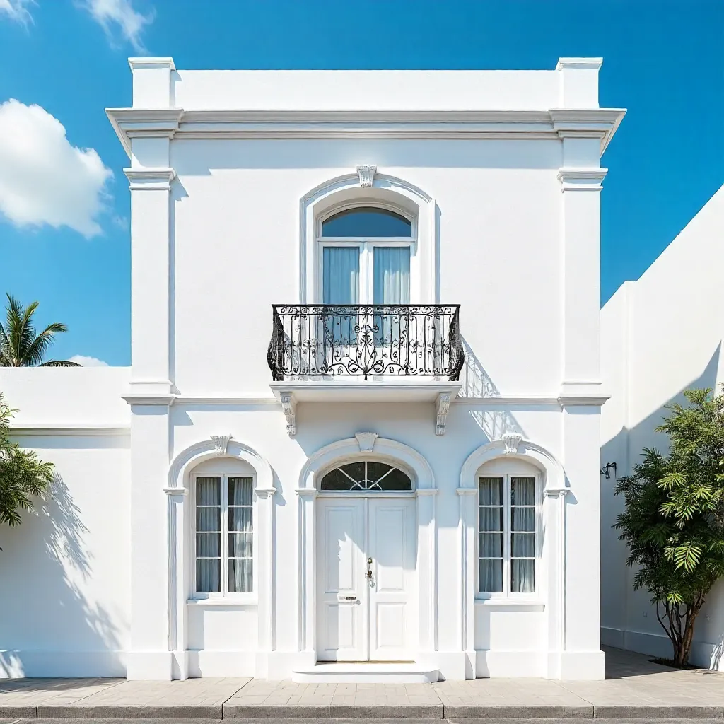 Elegant White Building with Balcony Under a Blue Sky