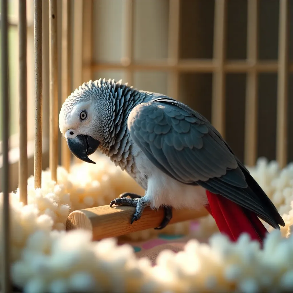 Tranquil African Grey Parrot in a Cozy Birdcage