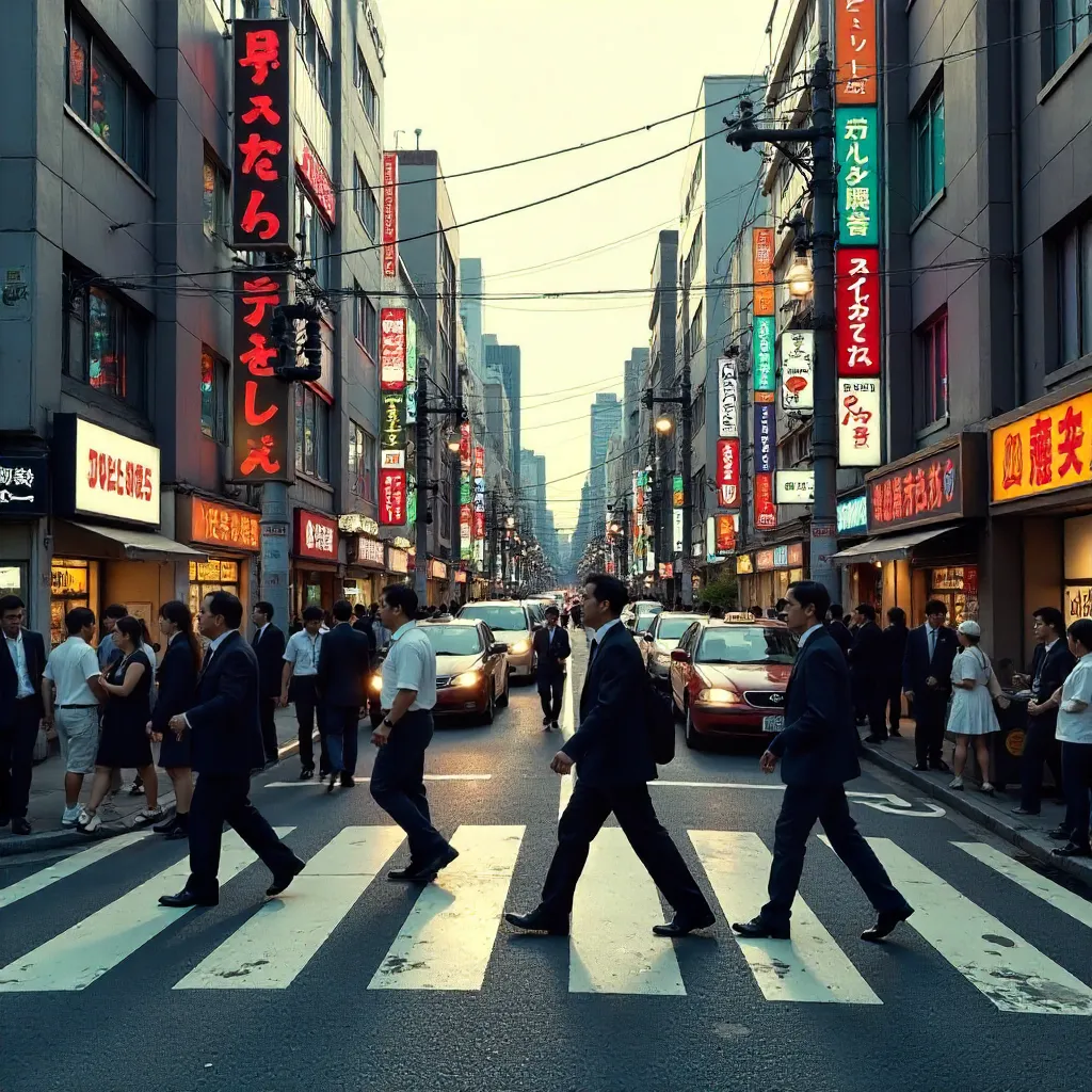 Bustling Japanese Crosswalk at Sunset