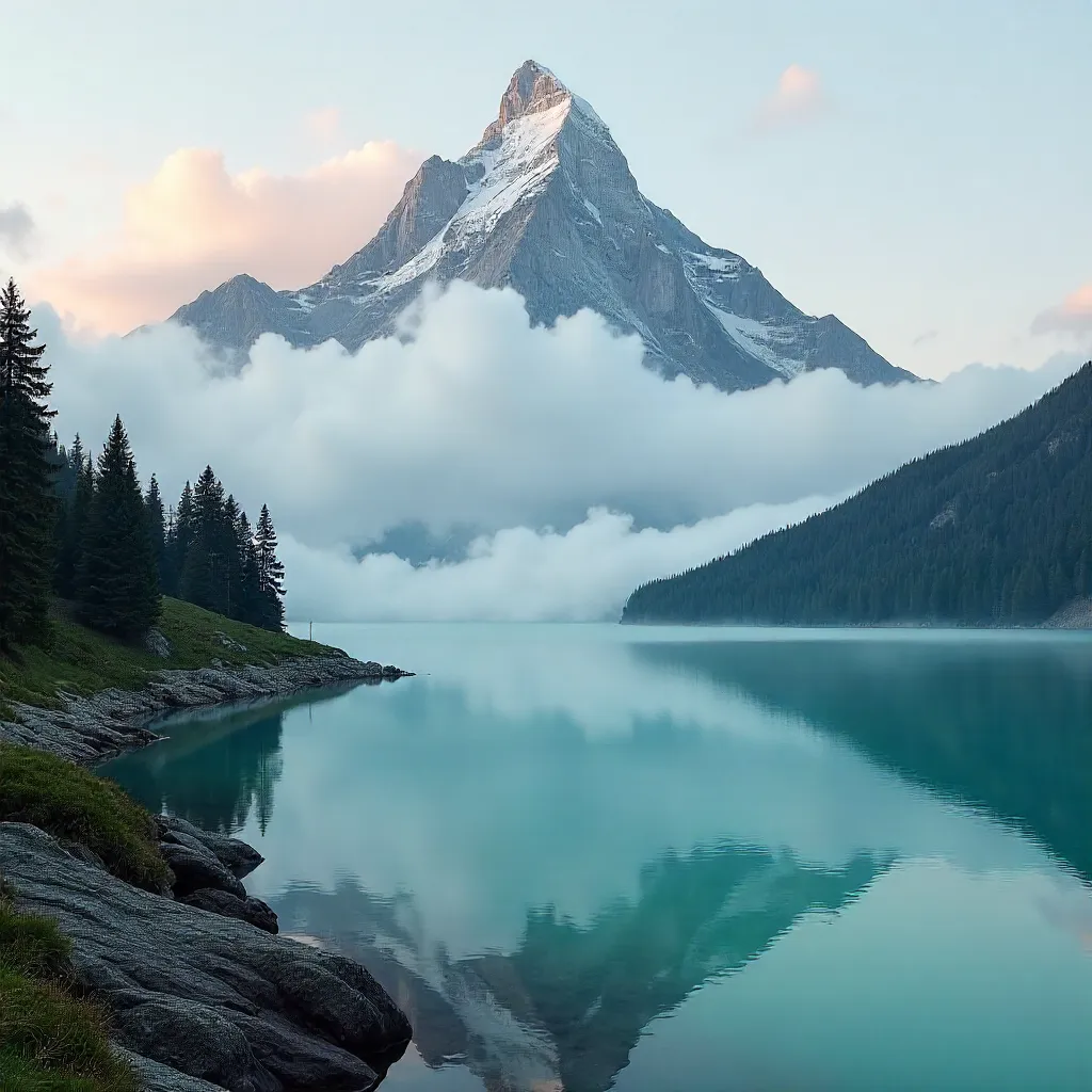 Serene Mountain Enveloped by Clouds at Dawn
