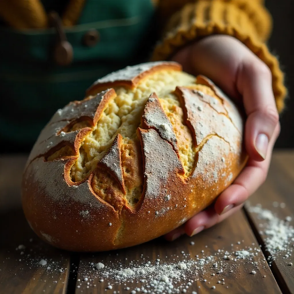 Hand Cradling Rustic Bread with Leaf Pattern and Warm Textile