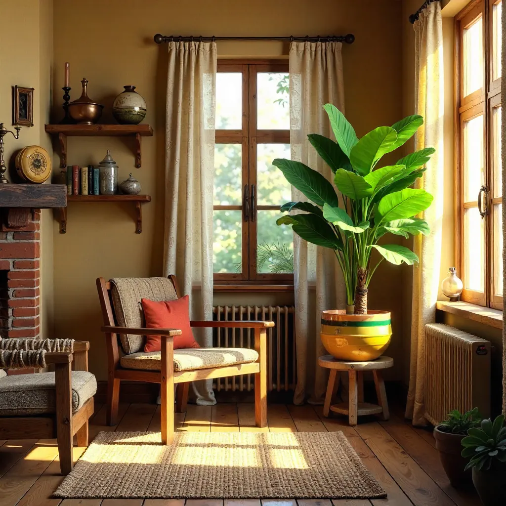 Cozy Vintage Interior: Rustic Wood & Plant