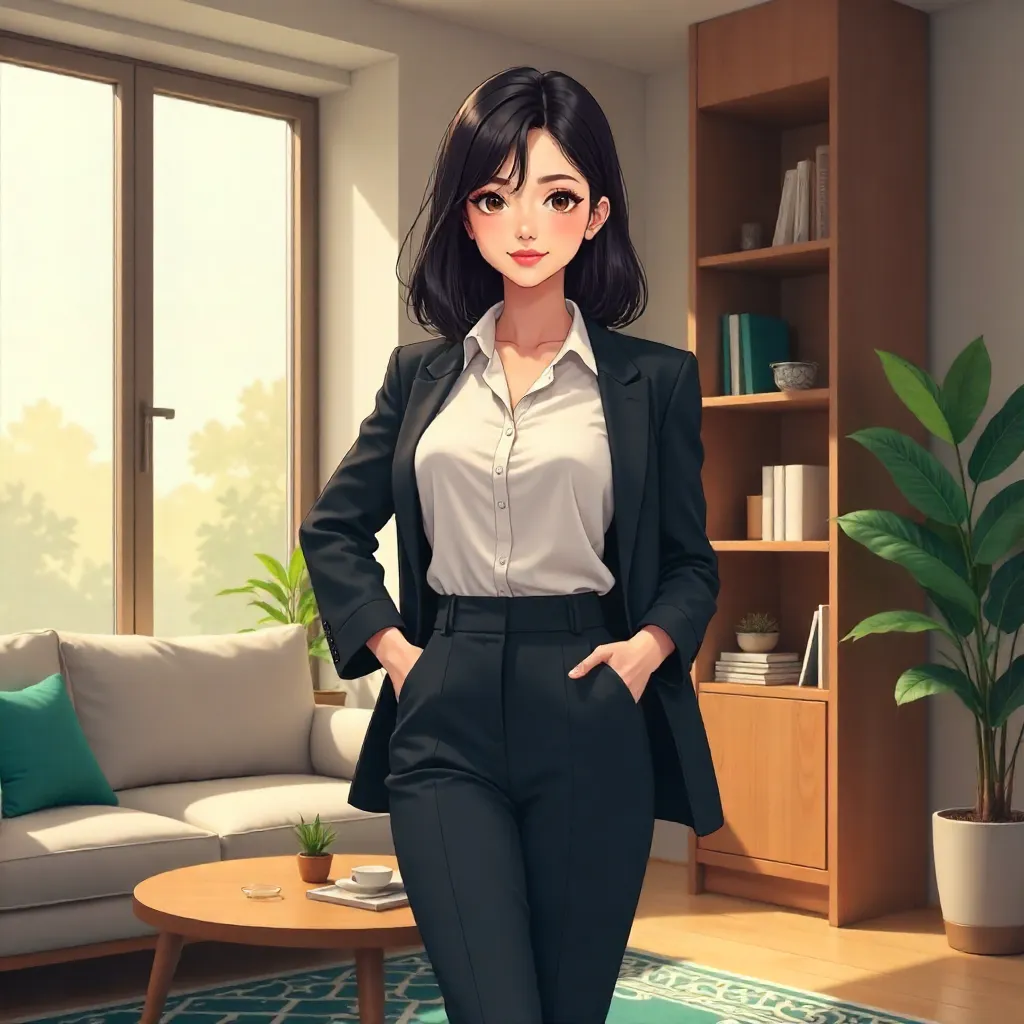 Confident Asian Woman in a Cozy Living Room (Anime)