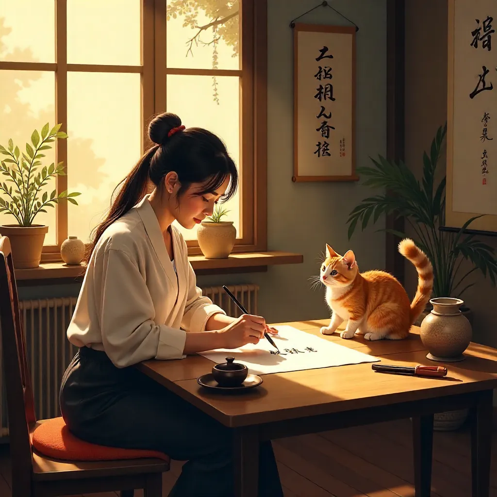 Warm Chinese Calligraphy Studio Moment with Curious Cat