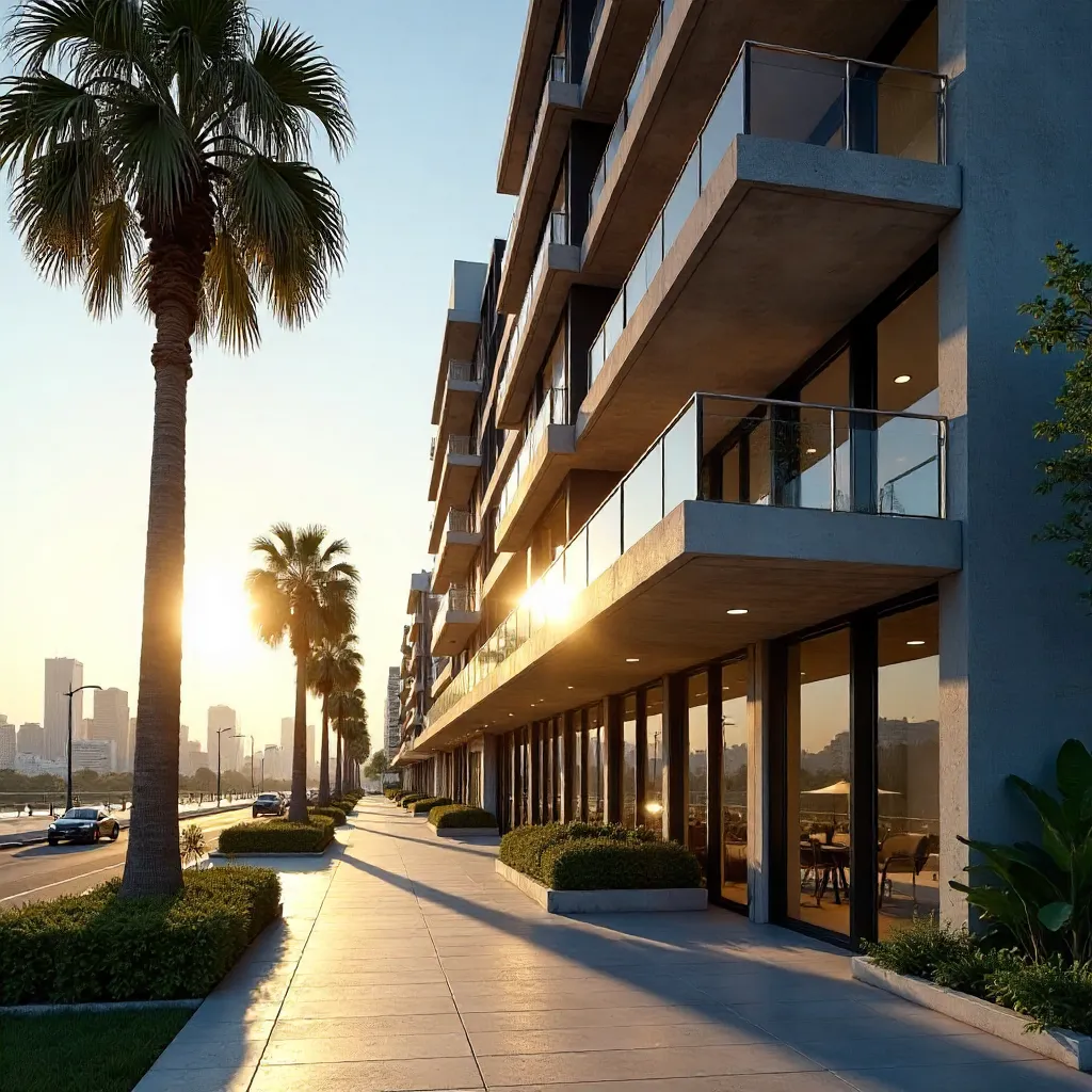 Sunlit Modern Apartment Exterior with Palm Trees