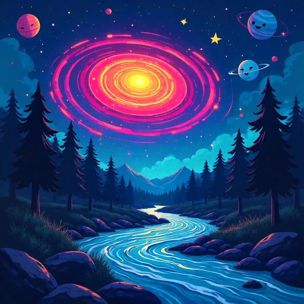 Whimsical Cartoon Galaxy by a Rushing River
