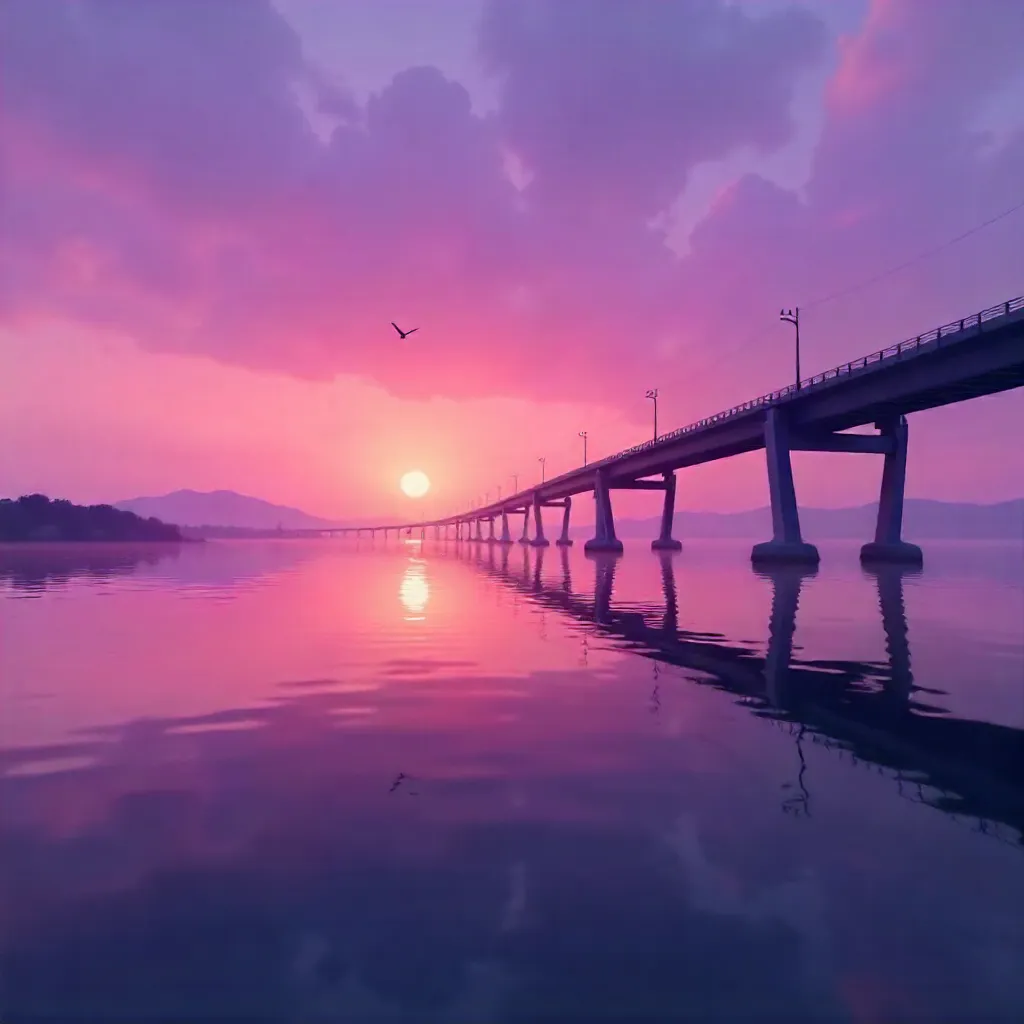 Purple Sunset Bridge Silhouette on Calm Water