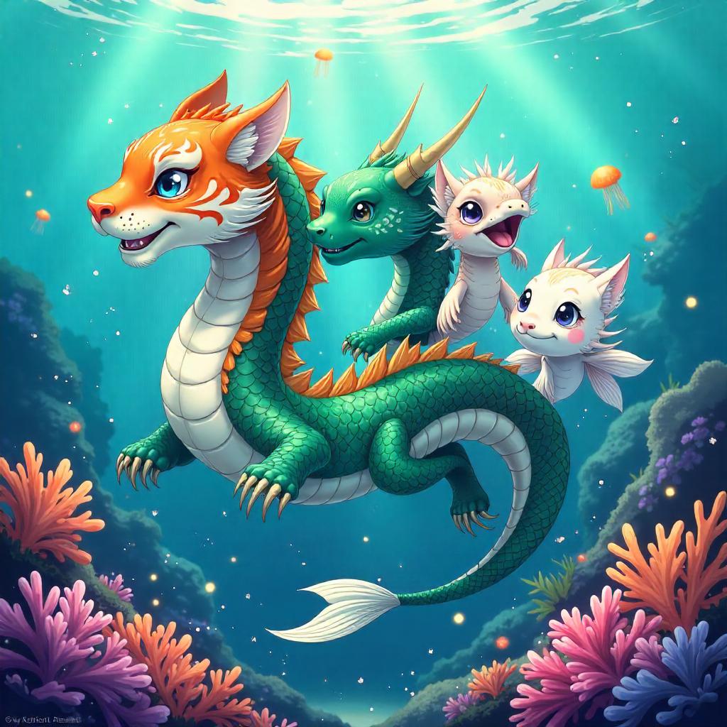 Underwater Anime Chimera in Neon Coral Reef